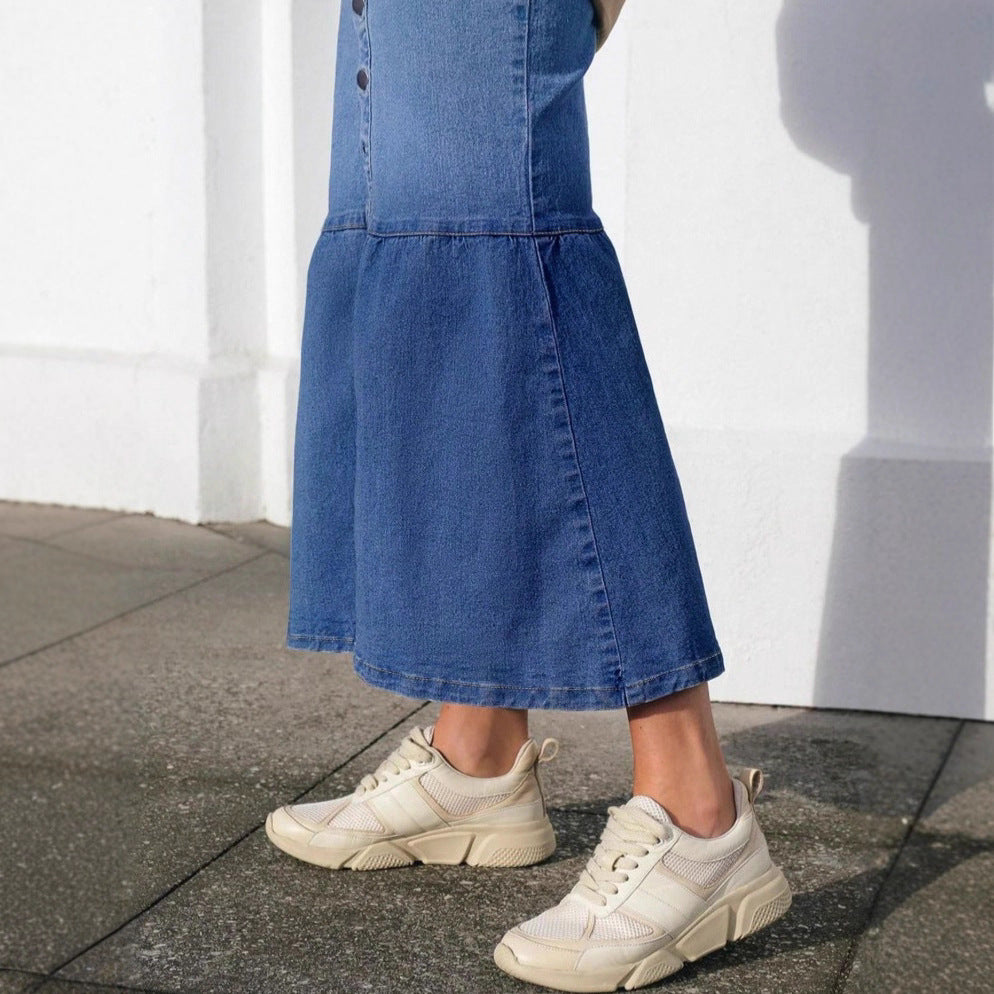 Women High-Waisted Maxi Denim Skirt with Continuous Button Placket and High Front Slit Fashion Glam