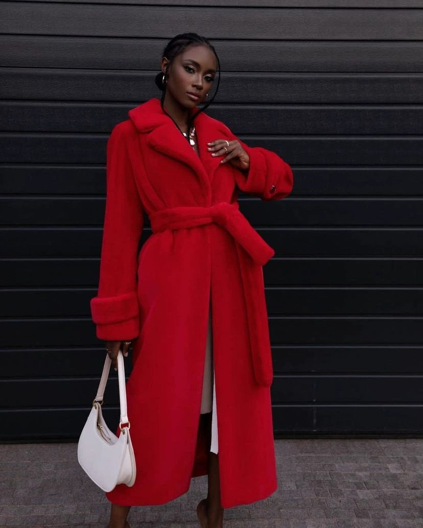 Women Elegant Maxi Wool Coat with Waist Belt, Wide Lapel and Roll-Up Cuffs Fashion Glam
