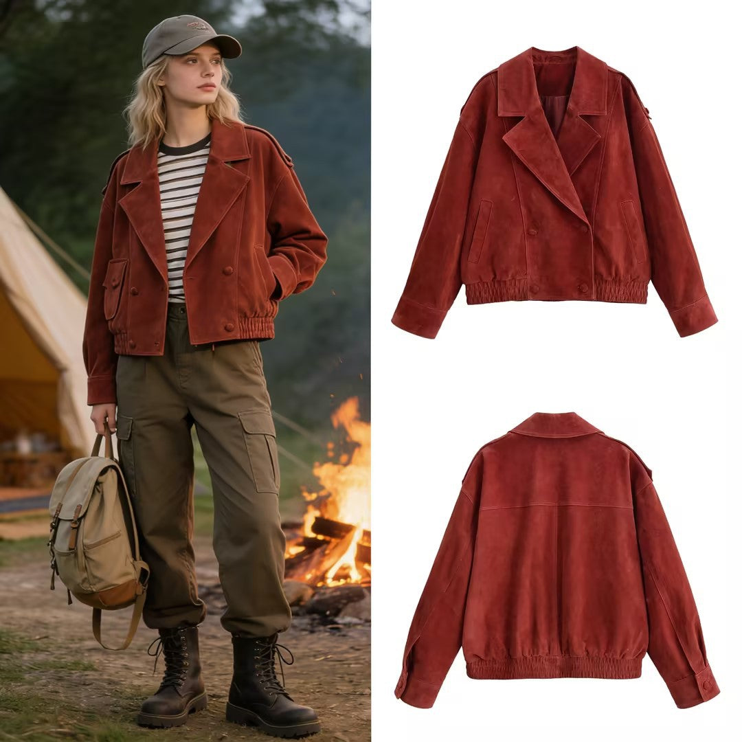 Women's short blazer made of suede leather with oversized silhouette and double-breasted lapel Fashion Glam