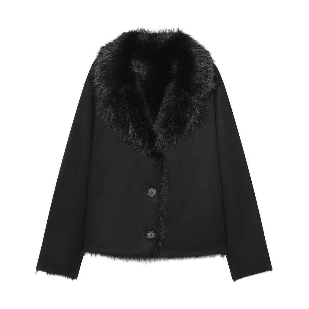 Women's Cropped Wool Blend Blouson with Voluminous Faux Fur Collar Fashion Glam