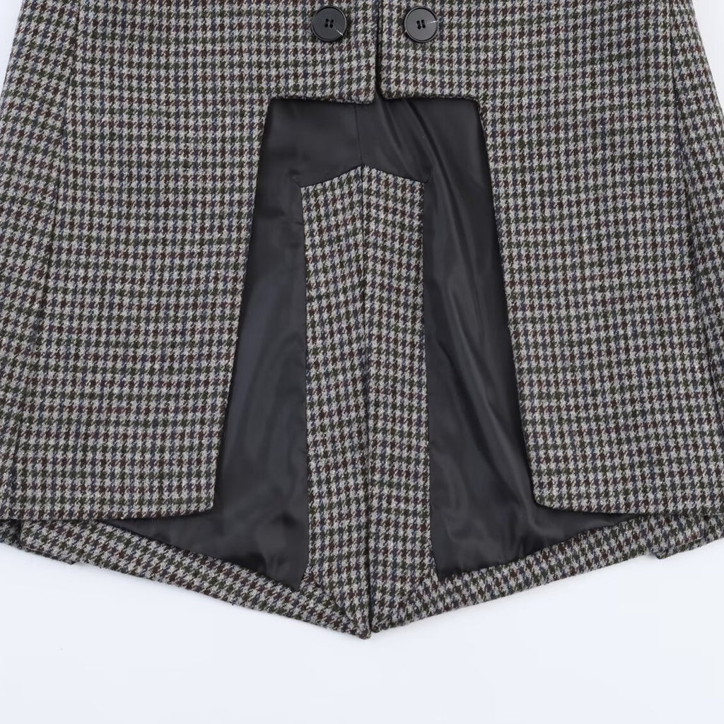 Women Double-breasted Houndstooth Blazer with Cutaway Hem and Vent Fashion Glam