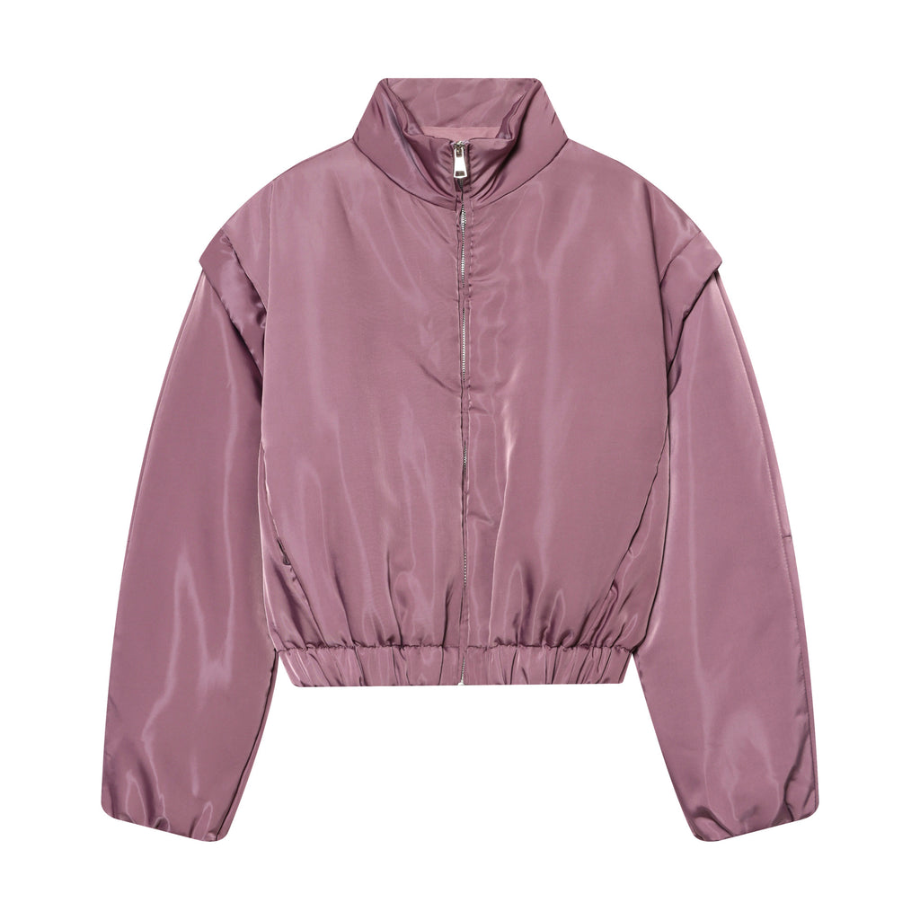 Women Cropped Padded Satin Jacket with High Stand Collar and Waist Smocking Fashion Glam