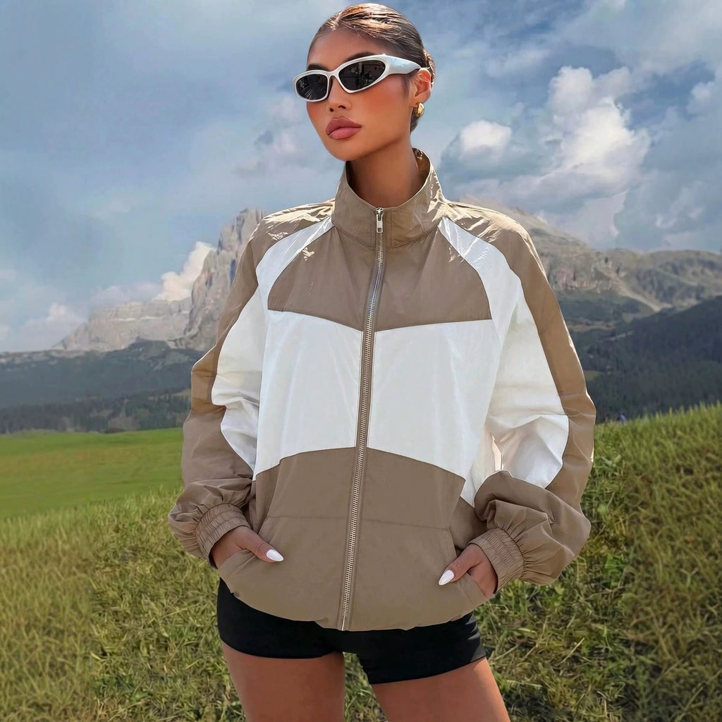 Women’s Lightweight Windbreaker Jacket with High Stand Collar and Colorblock Design Fashion Glam