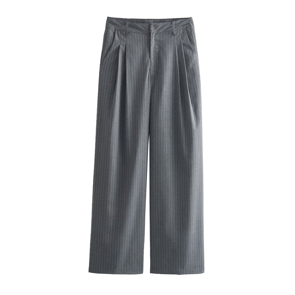 Women Two-Piece Pinstripe Suit Set with Short Stand Collar Blazer and Wide Pleat Pants Fashion Glam
