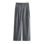 Women Two-Piece Pinstripe Suit Set with Short Stand Collar Blazer and Wide Pleat Pants Fashion Glam