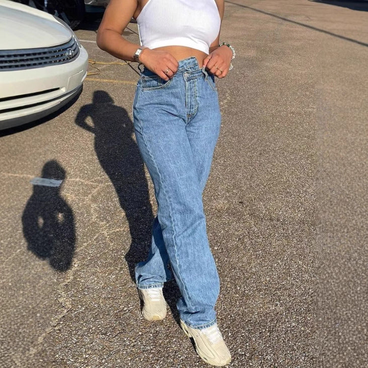 Ladies High-Waisted Cropped Mom Jeans with Asymmetrical Waist and Straight Leg Fashion Glam