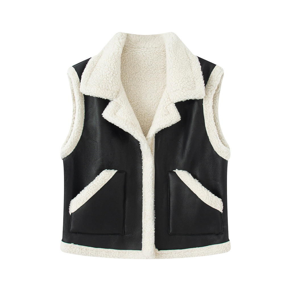 Women's Sleeveless Lambskin Look Vest with Notched Collar and Patch Pockets Fashion Glam