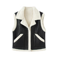 Women's Sleeveless Lambskin Look Vest with Notched Collar and Patch Pockets Fashion Glam