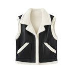 Women's Sleeveless Lambskin Look Vest with Notched Collar and Patch Pockets Fashion Glam