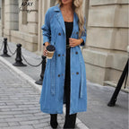 Women Long Denim Trench Coat with Tie Belt and Raglan Sleeves Fashion Glam
