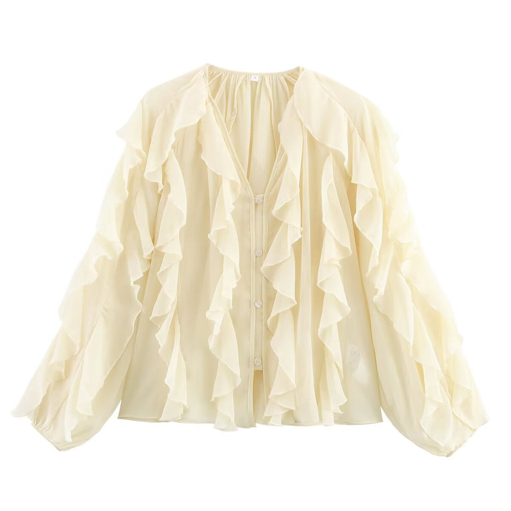 Ladies Playful Chiffon Blouse with Layered Ruffles and Button Placket Fashion Glam