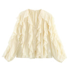 Ladies Playful Chiffon Blouse with Layered Ruffles and Button Placket Fashion Glam