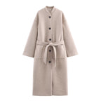 Women’s longer minimalist wool blend kimono coat with tie belt Fashion Glam
