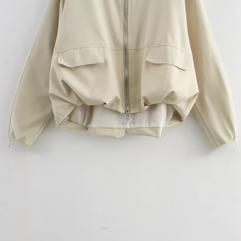 Women Lightweight Cropped Bomber Jacket with Round Neck, Two-Way Zipper and Flap Pockets Fashion Glam