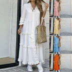 Women's Long Tiered Ruffle Maxi Dress with Tied Scarf and V-Neck Fashion Glam