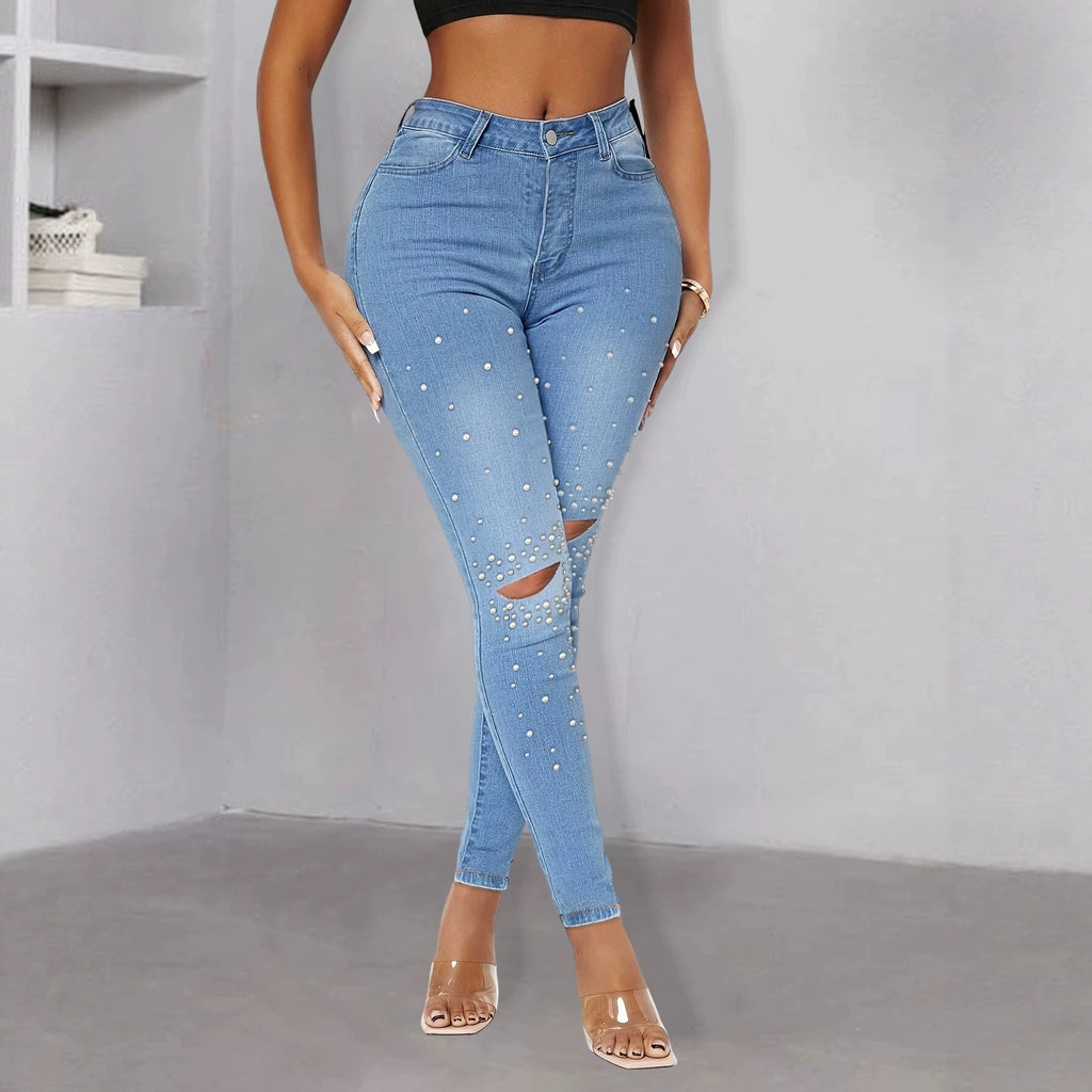 Women Tight High-Waist Skinny Jeans with Pearl Trim and Knee Cutouts Fashion Glam