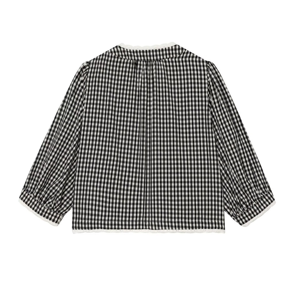 Ladies Vichy Check Blouse with Lace Trim, Tie Band and Three-Quarter Balloon Sleeves Fashion Glam