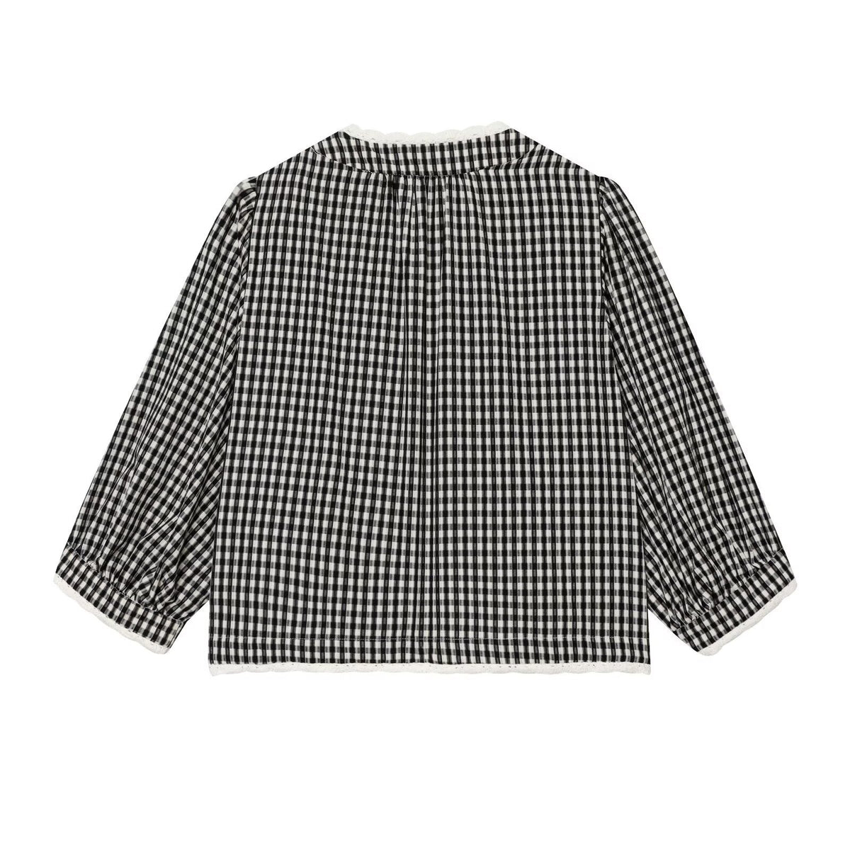Ladies Vichy Check Blouse with Lace Trim, Tie Band and Three-Quarter Balloon Sleeves Fashion Glam