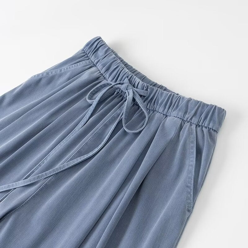 Women Wide Palazzo Pants with High Elastic Band, Drawstring and Side Pockets Fashion Glam