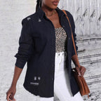 Women Oversize Denim Shirt Jacket with Used Effects and Raw Hem Fashion Glam