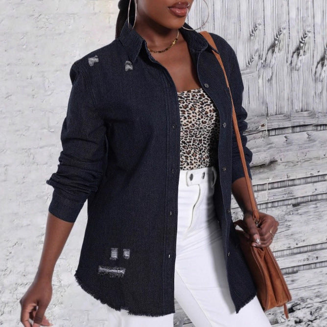 Women Oversize Denim Shirt Jacket with Used Effects and Raw Hem Fashion Glam