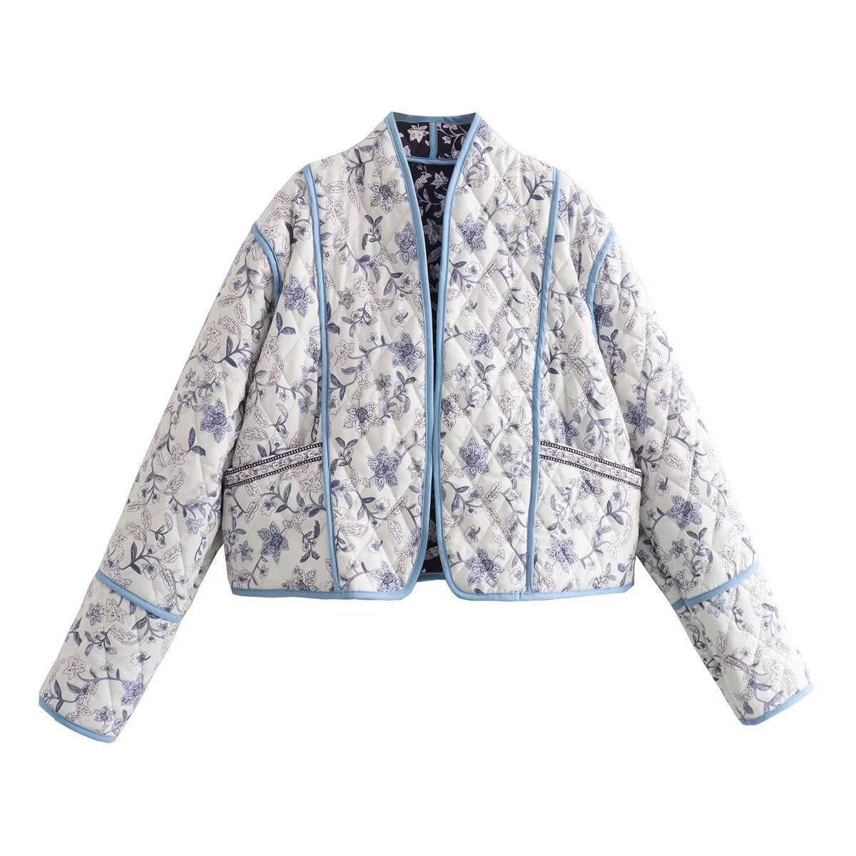 Women's quilted short jacket in kimono style with floral quilted look and contrasting piping Fashion Glam