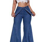 Women's High-Waisted Denim Palazzo Jeans with Overlapping V-Waist, Wide Flare, and Front Slit Fashion Glam