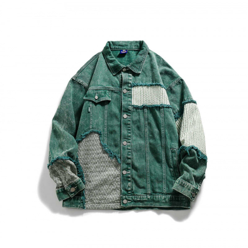 Unisex Oversize Jeans Jacket with Patchwork Knit Inserts and Used Look Fashion Glam