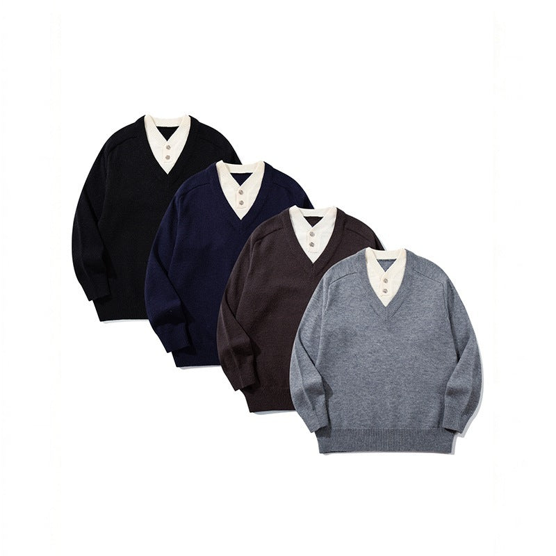 Men's V-neck sweater with integrated Henley collar Fashion Glam