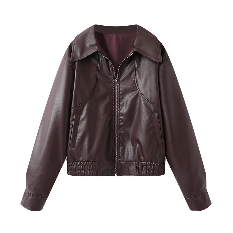 Women Cropped Faux Leather Bomber Jacket with Oversized Shirt Collar and Elastic Hem Fashion Glam