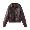 Women Cropped Faux Leather Bomber Jacket with Oversized Shirt Collar and Elastic Hem Fashion Glam