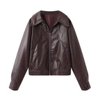 Women Cropped Faux Leather Bomber Jacket with Oversized Shirt Collar and Elastic Hem Fashion Glam