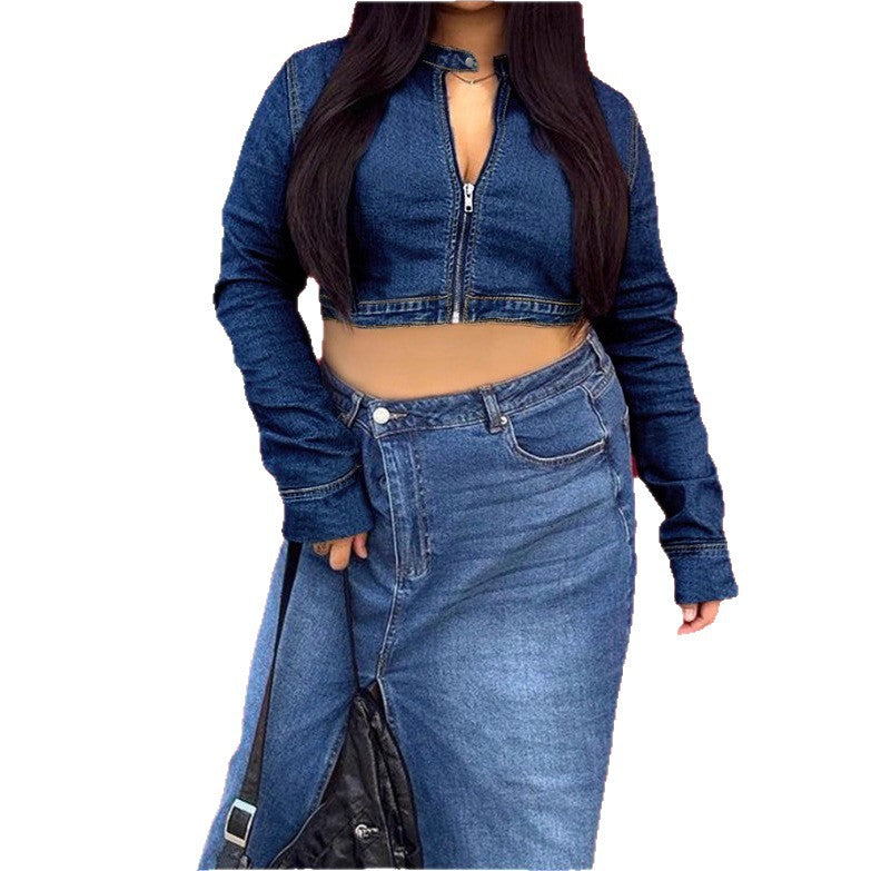 Women's Cropped Denim Hoodie with Zipper and High-Waist Midi Skirt with Front Slit Fashion Glam