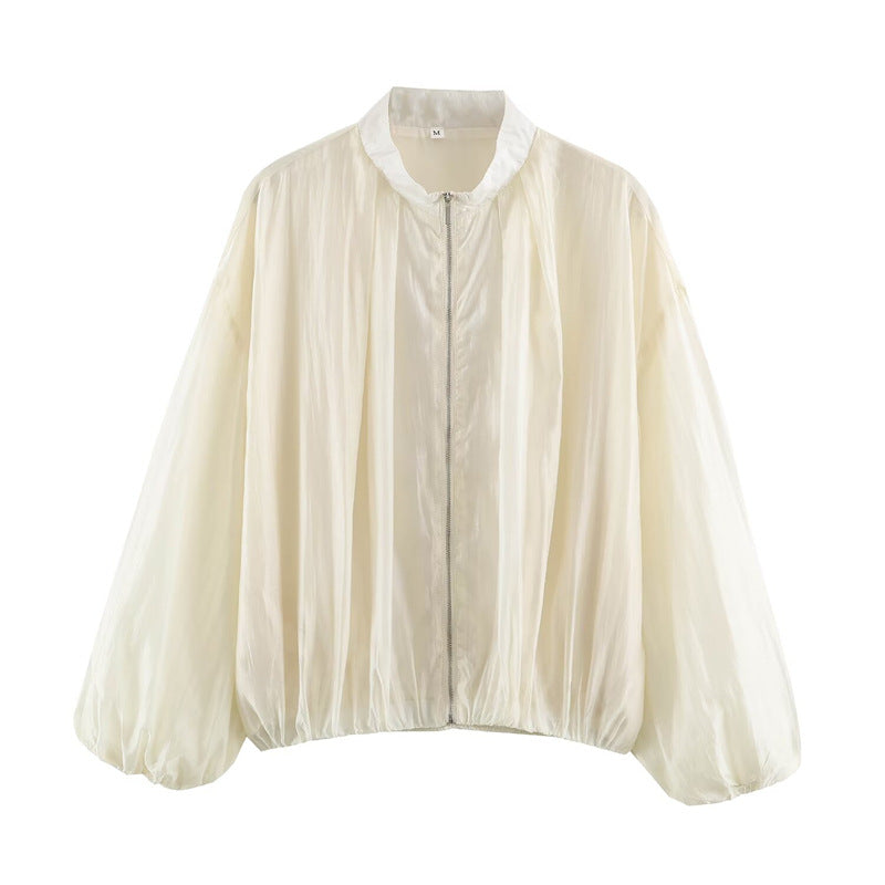 Women's sheer oversized bomber jacket made of lightweight satin organza with balloon sleeves Fashion Glam