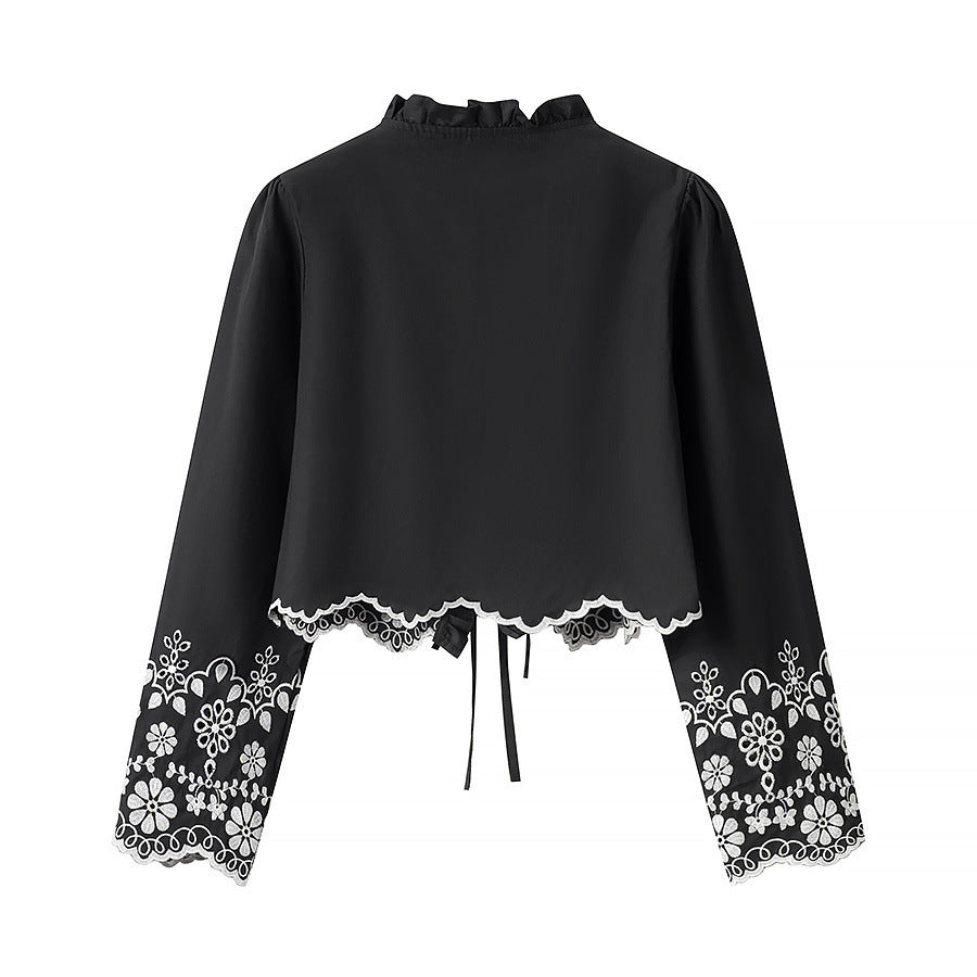 Women's short embroidered bolero jacket with ruffle collar and ties Fashion Glam