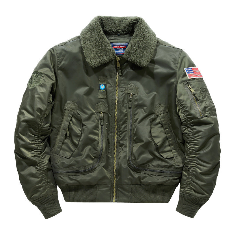 Men's pilot bomber jacket with teddy collar, multiple pockets, and windproof nylon shell Fashion Glam