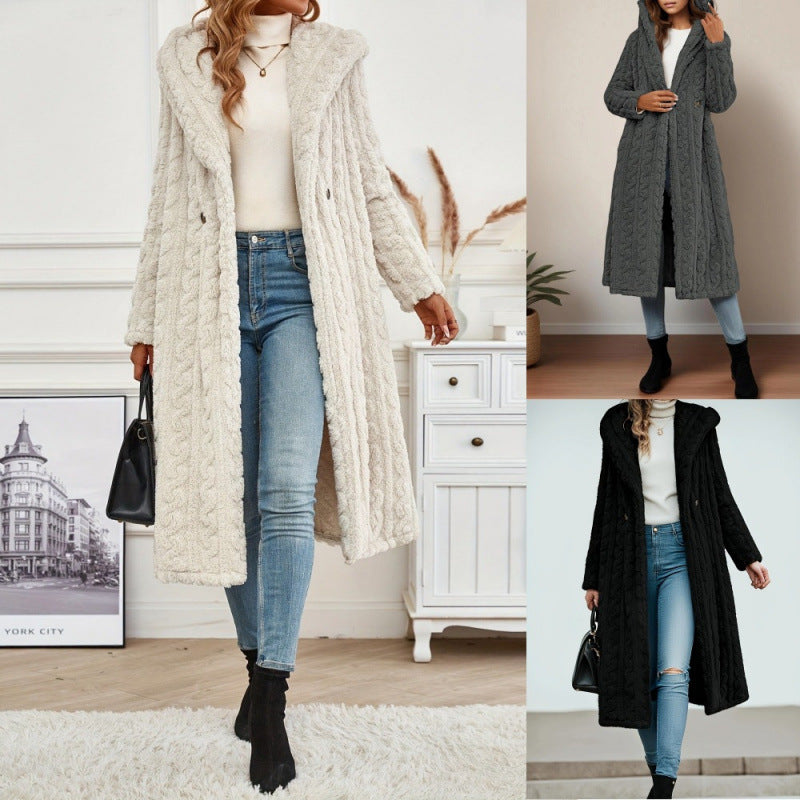 Women's Long Hooded Teddy Coat with Cable Knit Look Fashion Glam