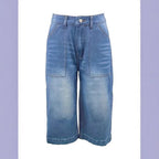 Ladies light vintage-inspired culotte jeans with visible seam panels and patch front pockets Fashion Glam