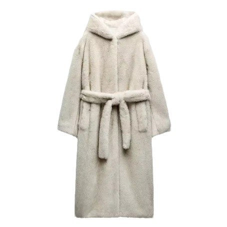 Women's hooded coat made of faux fur with a waist belt and extra soft teddy finish Fashion Glam