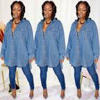 Women's Oversized Denim Shirt Jacket with Flap Pockets and Extended Cut Fashion Glam