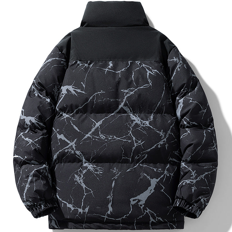 Men's padded quilted jacket with marble print, high stand collar and windproof exterior Fashion Glam