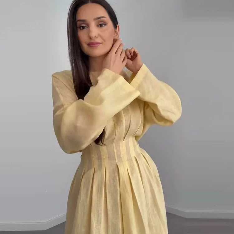 Ladies max dress with pleated bodice pleats, wide skirt and long bell sleeves Fashion Glam