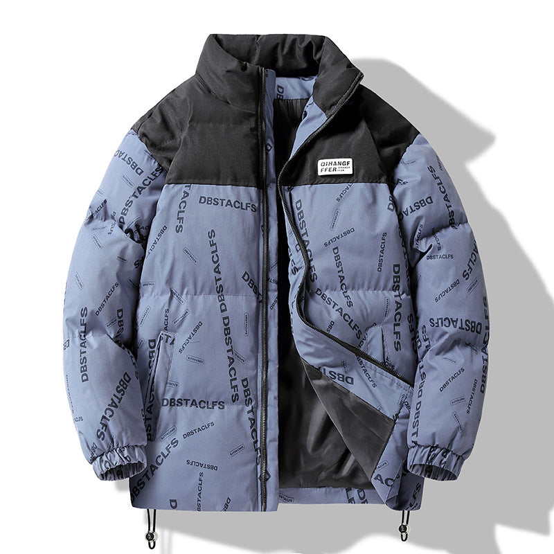 Men's Padded Quilted Jacket with Graphic Text Print, Stand Collar and Adjustable Hem Fashion Glam