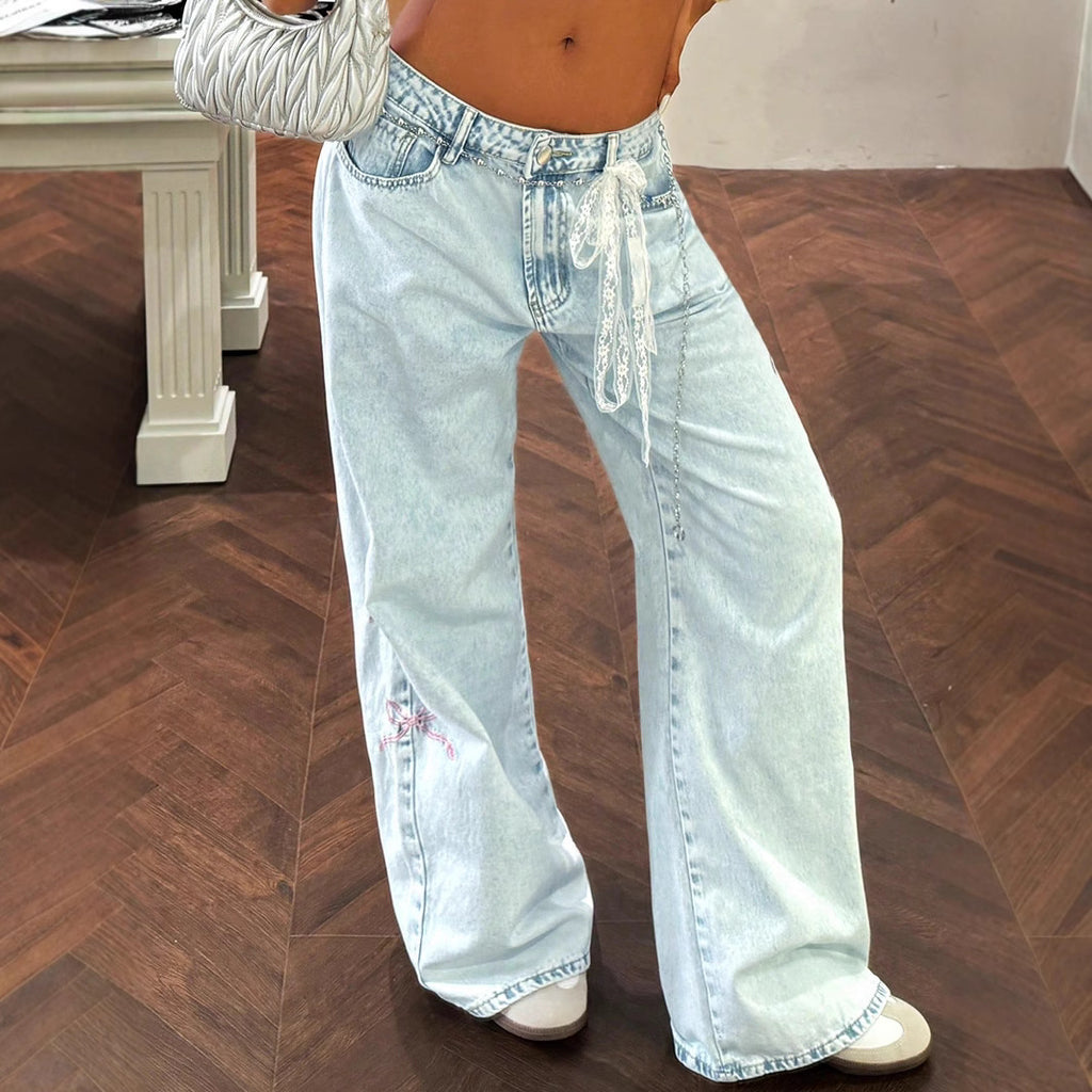 Ladies wide high-waist denim jeans with lace band belt and flared leg Fashion Glam