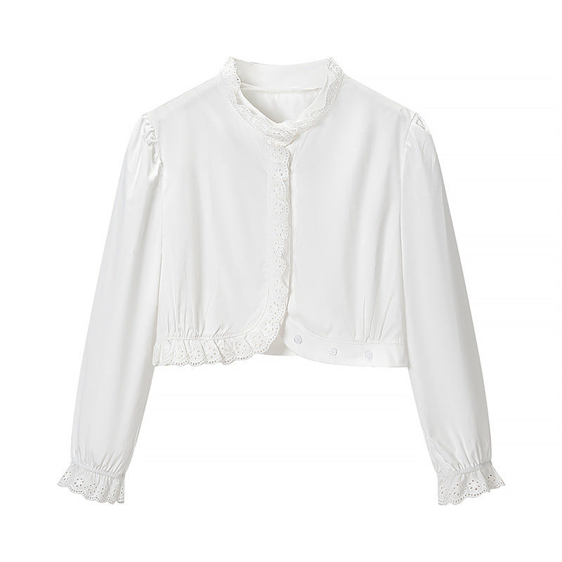 Women's Cropped Lace Bolero Blouse with Stand Collar and Eyelet Embroidery Fashion Glam