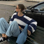 Women Striped Oversize Knit Sweater with Round Neck Fashion Glam