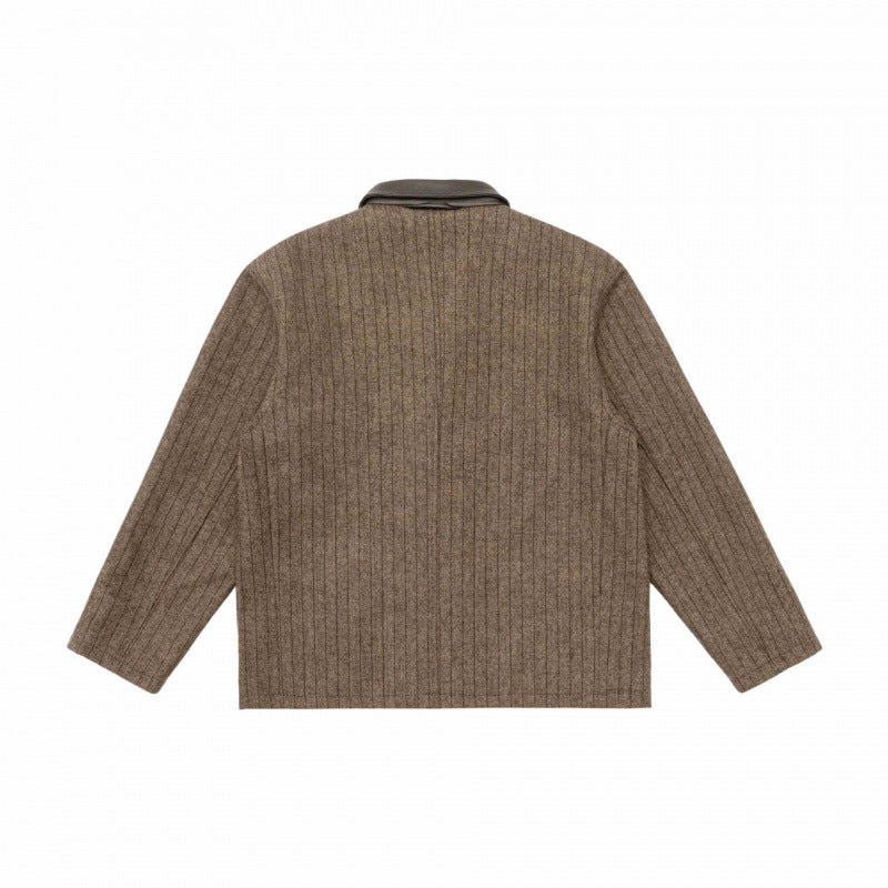 Men's wool blend worker blazer with contrasting leather collar and patch pockets Fashion Glam