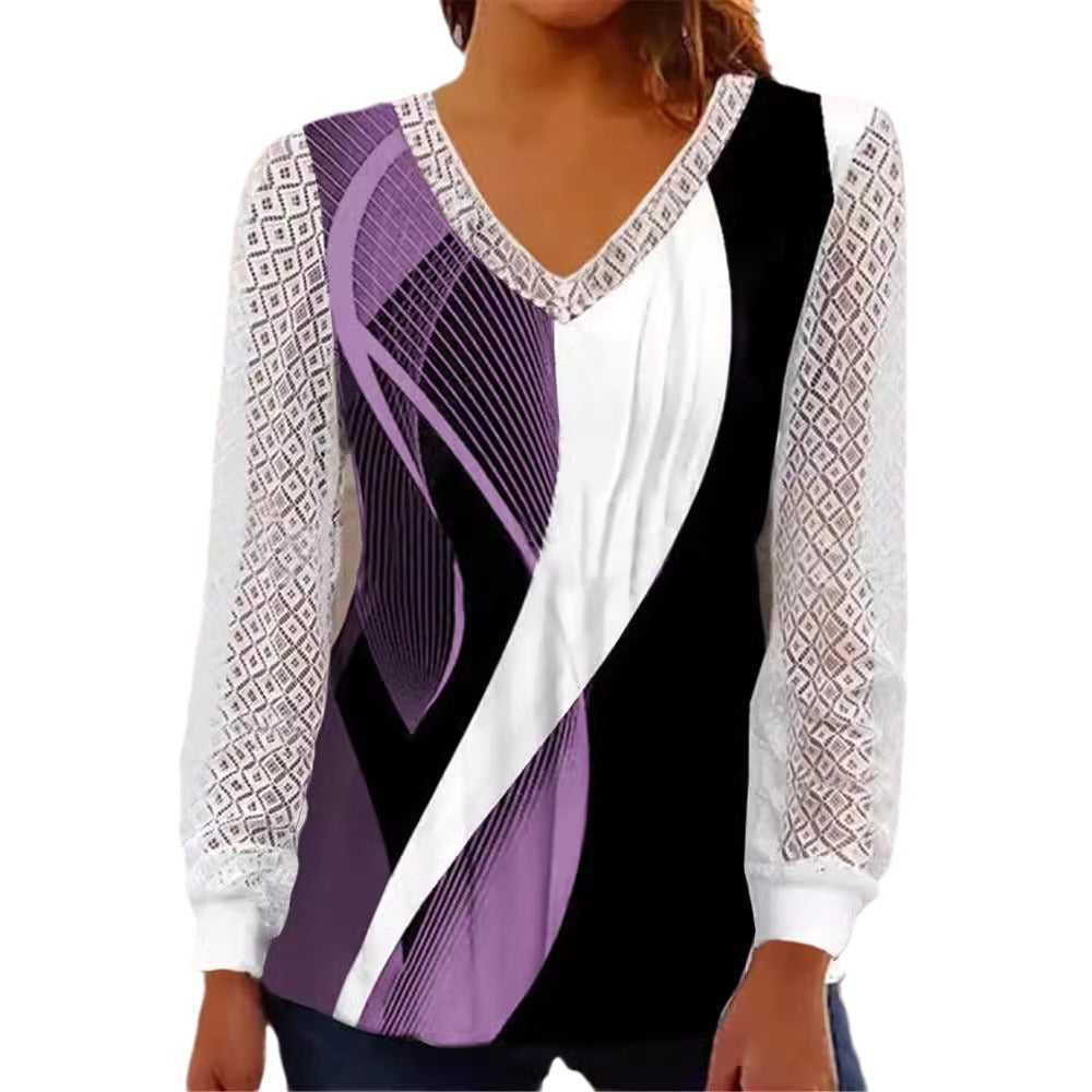 Women's V-neck blouse with abstract graphic print and lace sleeves Fashion Glam
