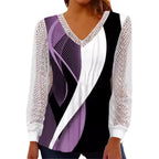 Women's V-neck blouse with abstract graphic print and lace sleeves Fashion Glam