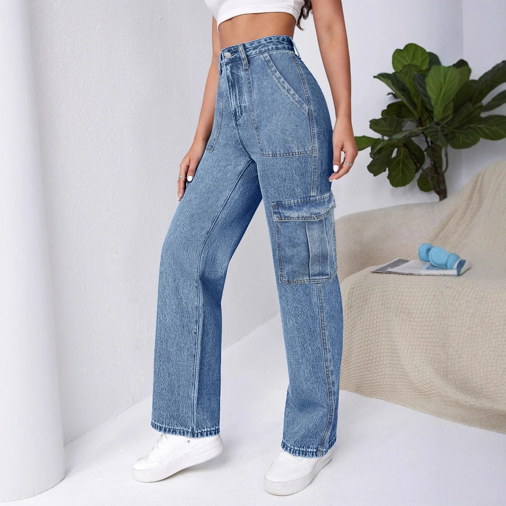 Women High-Waisted Cargo Wide Jeans with Patch Pockets and Elastic Hem Fashion Glam